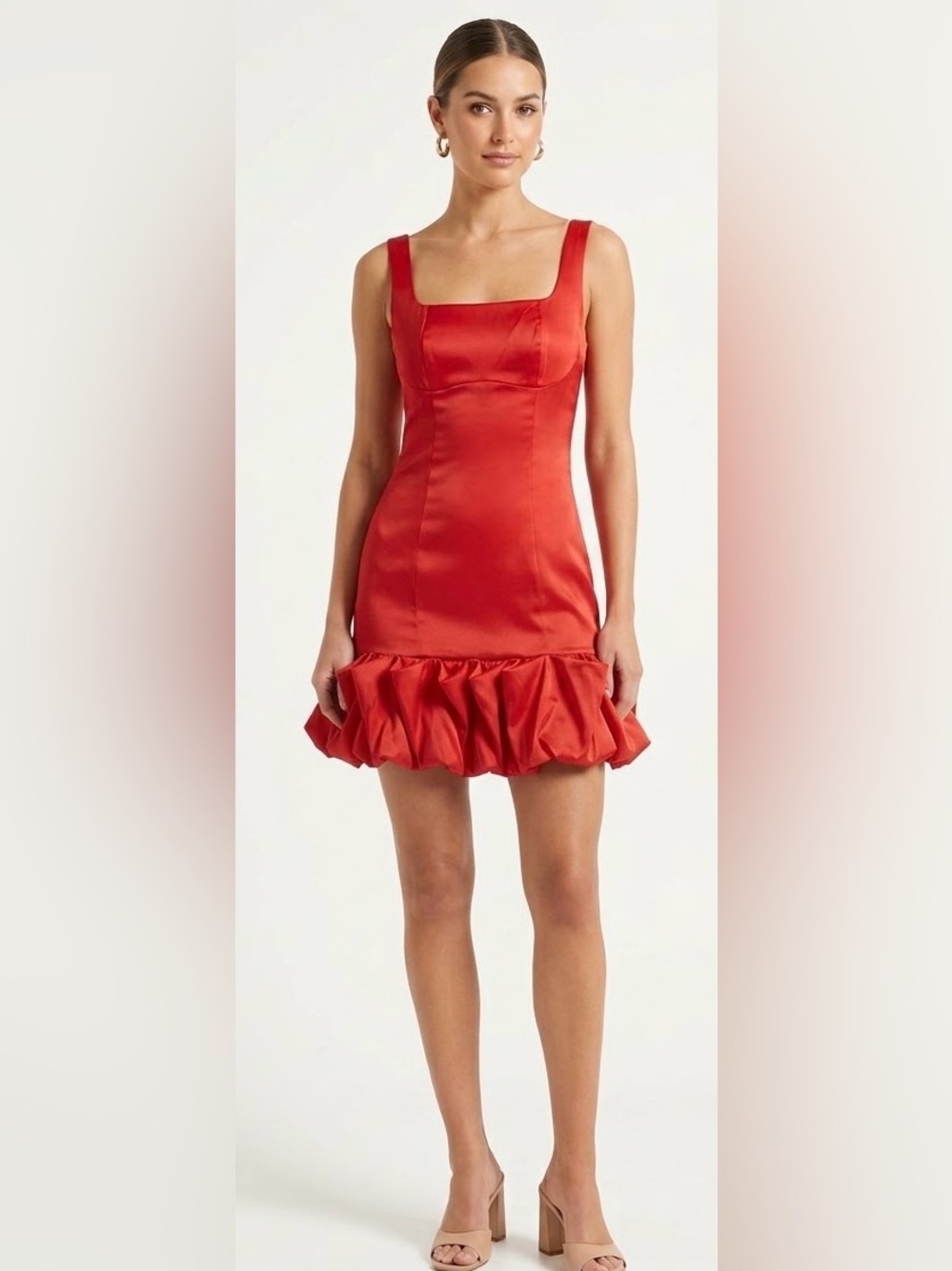 Satin Square-Neck Red Mini Dress with Ruffle Hem